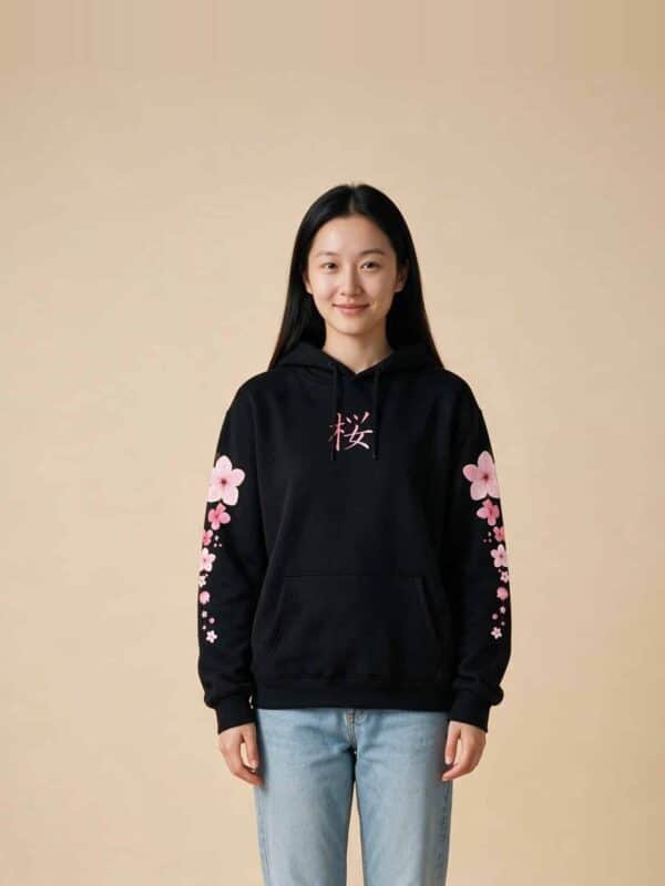 Sweat à Capuche Femme Fleurs de Cerisier coloris vert sapin, vu de face