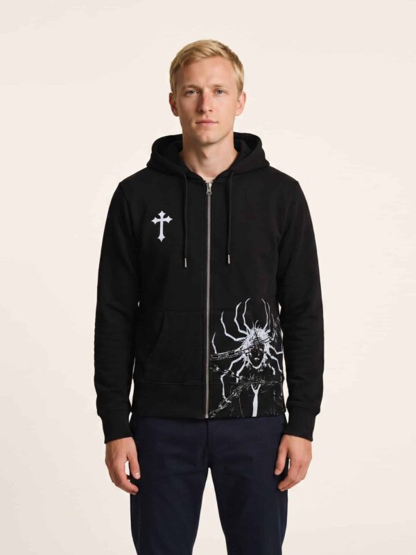 Veste à Capuche Zippée Croix et Araignée coloris noir, vue de face