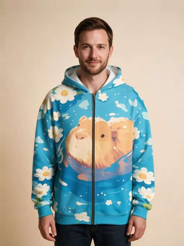 Veste à Capuche Zippée Capybara à la Baignade, coloris bleu, vue de face