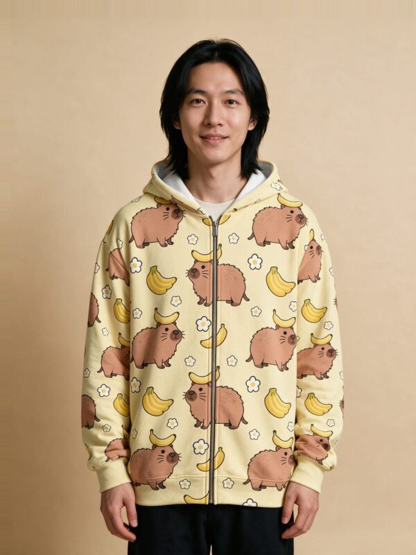Veste à Capuche Zippée Capybara Bananes, coloris jaune pâle, vue de face