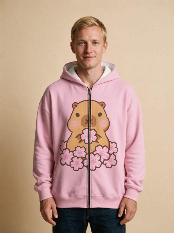 Veste à Capuche Zippée Capybara Fleurs de Cerisier, coloris rose, vue de face